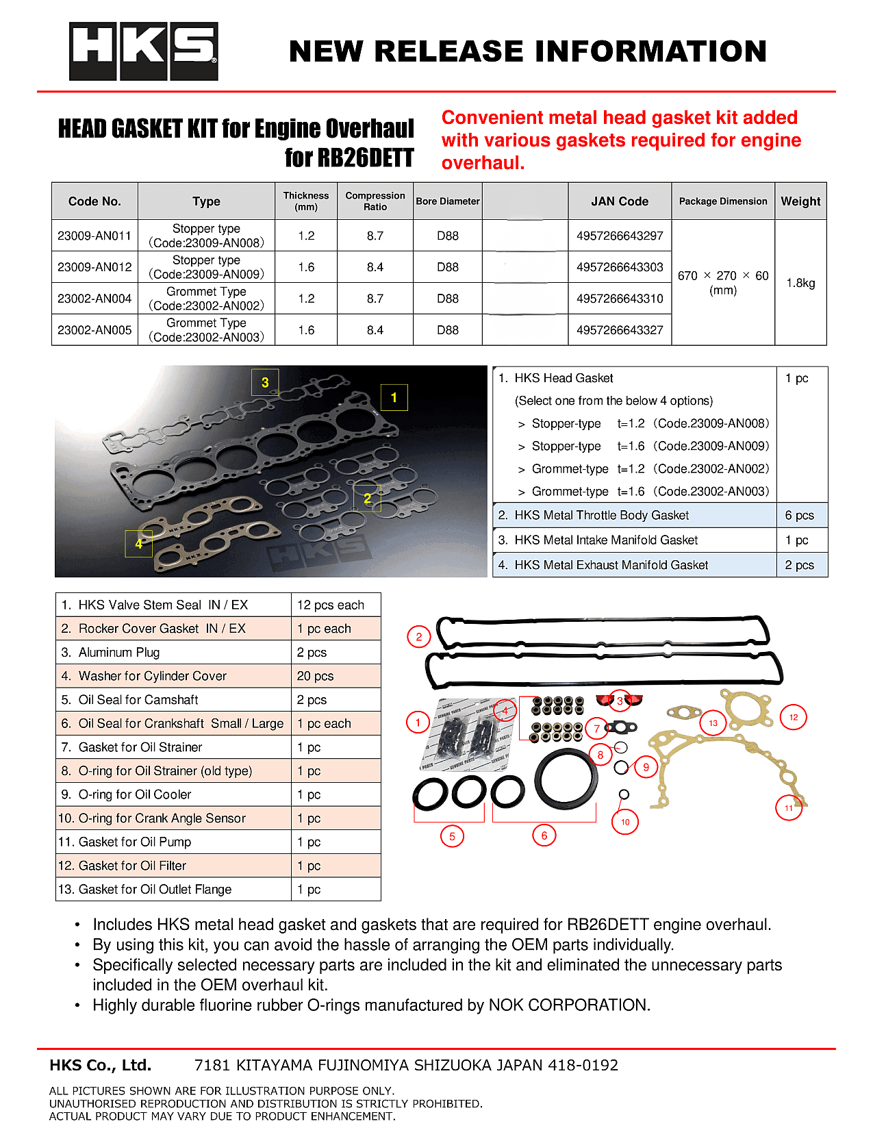 OVERHAUL GASKET KIT RB26 T=1.2 | HKS High Performance Auto Parts