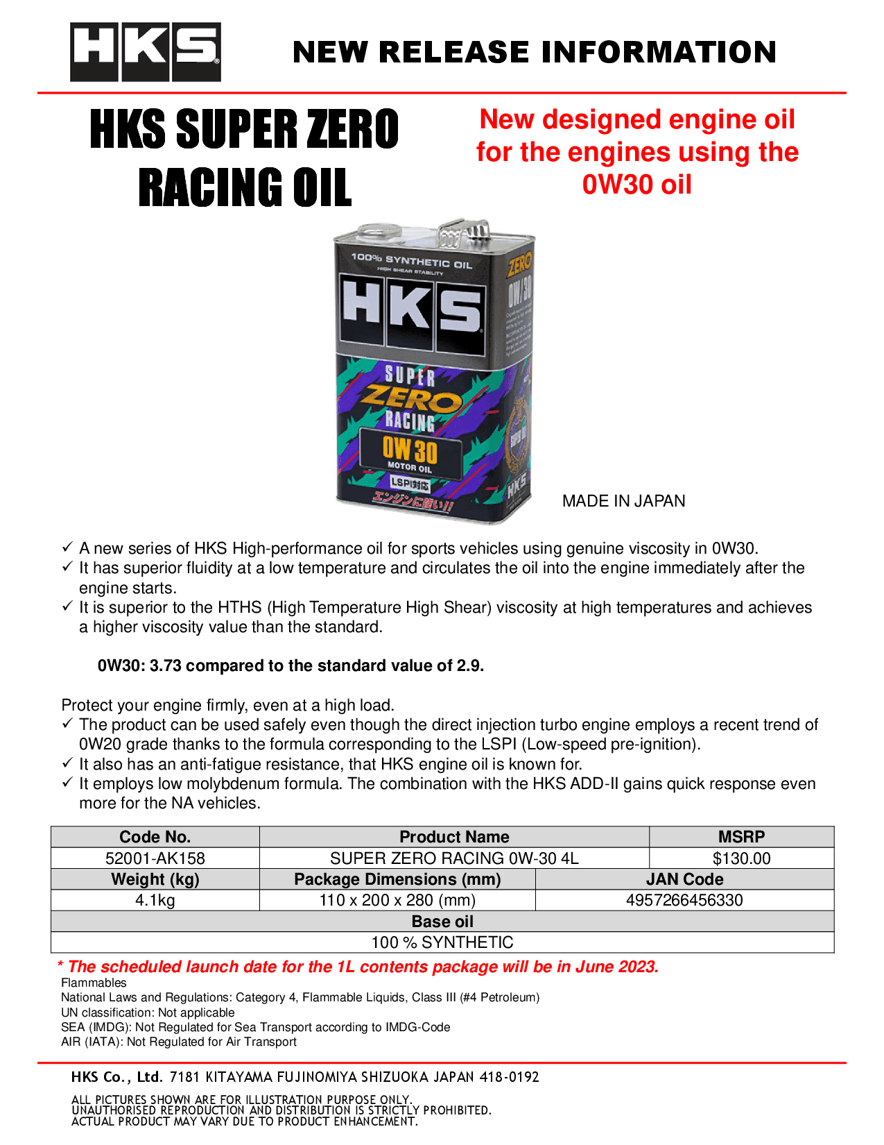 SUPER ZERO RACING 0W-30 4L | HKS High Performance Auto Parts